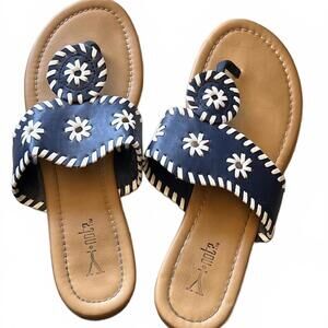 Charming Navy Blue Women's Sandals with White Floral Stitch